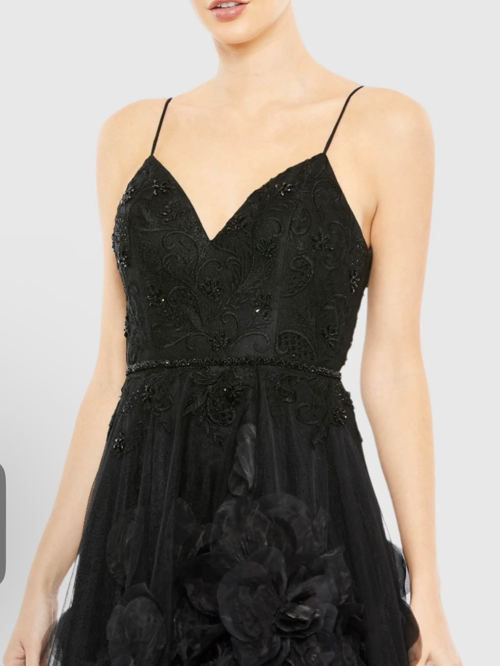 Mac Duggal Black Strapless Beaded Tulle Evening Dress